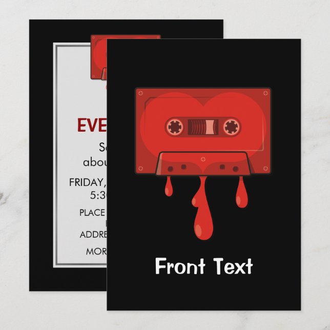 Rotes Herz Cassette Einladung (Vorne/Hinten)