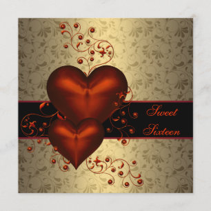 Rotes Herz Damast Klassisches Gold Sweet Sixteen Einladung