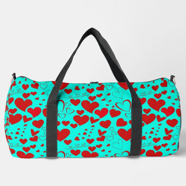 Rotes Herz Formen Muster Vivid Türkis Duffle Bag (Vorderseite)