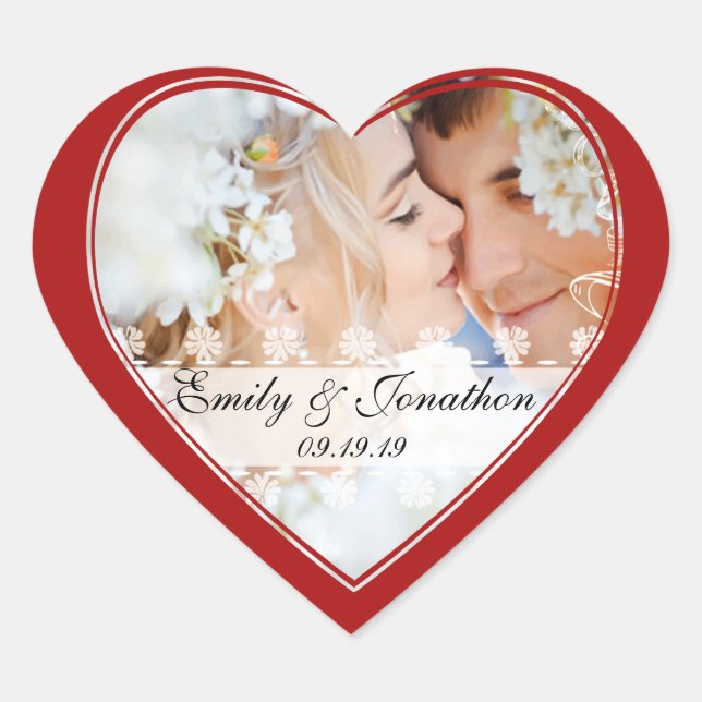 Rotes Herz-Foto Hochzeitsticker Herz-Aufkleber (Vorderseite)