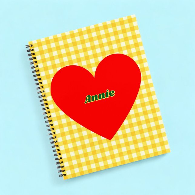 Rotes Herz Gelber Gingham Valentinstag Notizbuch (Von Creator hochgeladen)