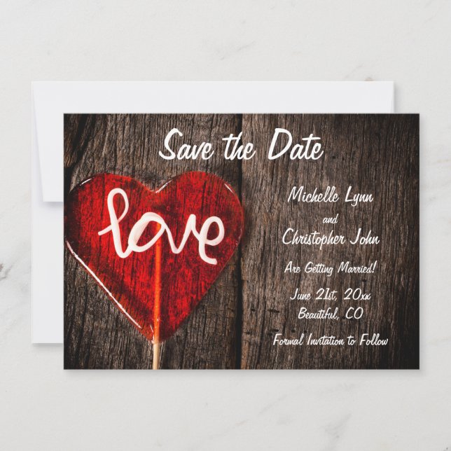 Rotes Herz Liebe Lollipop Rustikale Brauerei Hochz Save The Date (Vorderseite)