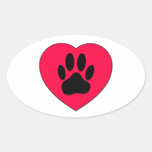 Rotes Herz mit Dog Paw Print Ovaler Aufkleber