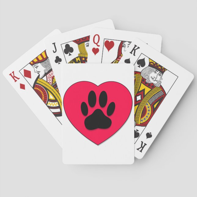 Rotes Herz mit Dog Paw Print Spielkarten (Rückseite)