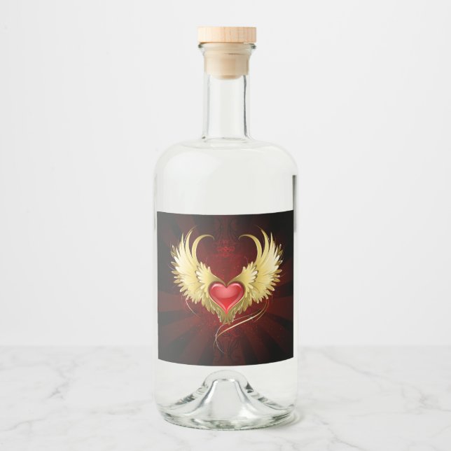Rotes Herz mit goldenen Flügeln Alkoholflaschenetikett (Vorderseite)