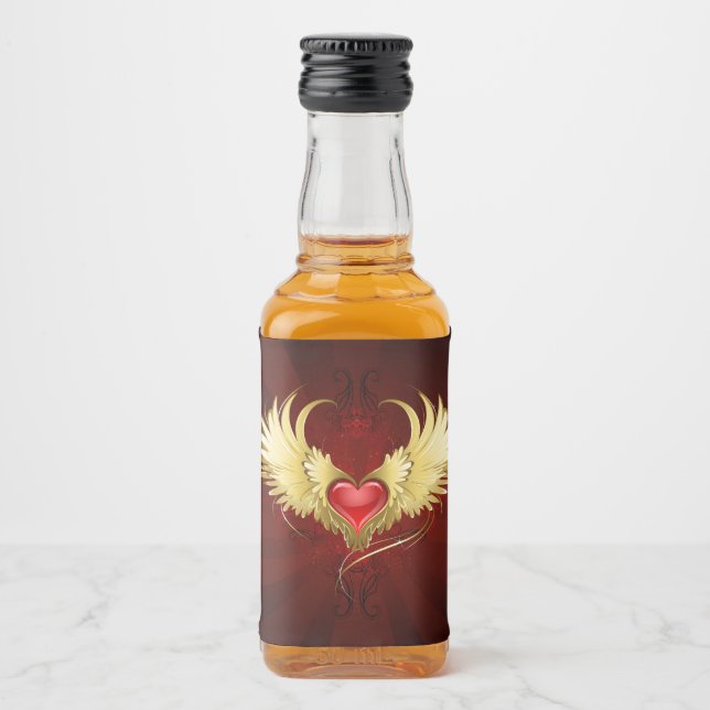 Rotes Herz mit goldenen Flügeln Alkoholflaschenetikett (Vorderseite)