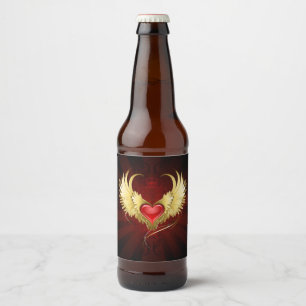 Rotes Herz mit goldenen Flügeln Bierflaschenetikett