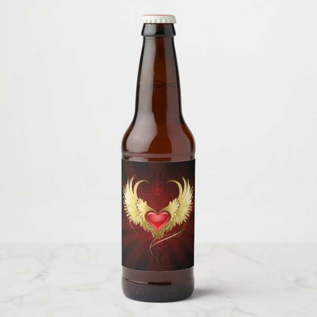 Rotes Herz mit goldenen Flügeln Bierflaschenetikett (Vorderseite)