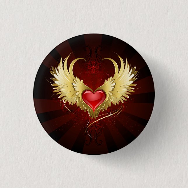 Rotes Herz mit goldenen Flügeln Button (Vorderseite)