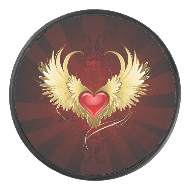 Rotes Herz mit goldenen Flügeln Eishockey Puck (Vorderseite)