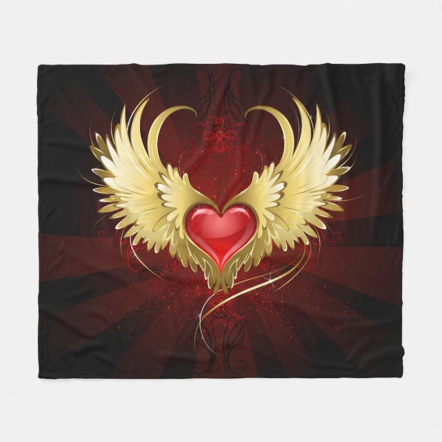 Rotes Herz mit goldenen Flügeln Fleecedecke (Vorderseite (Horizontal))