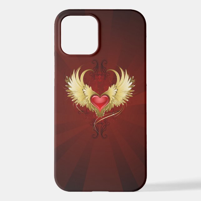 Rotes Herz mit goldenen Flügeln iPhone 12 Hülle (Rückseite)