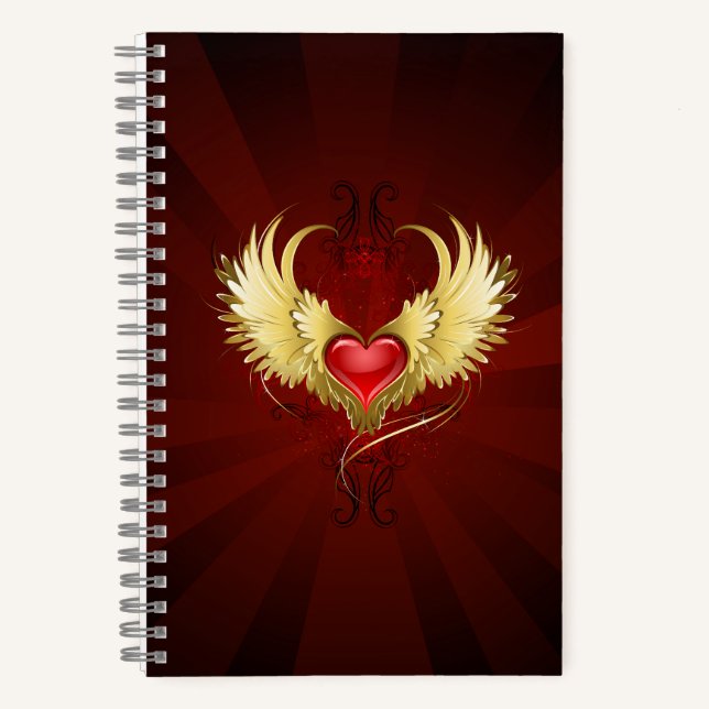 Rotes Herz mit goldenen Flügeln Notizbuch (Vorderseite)