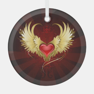 Rotes Herz mit goldenen Flügeln Ornament Aus Glas