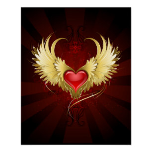 Rotes Herz mit goldenen Flügeln Poster