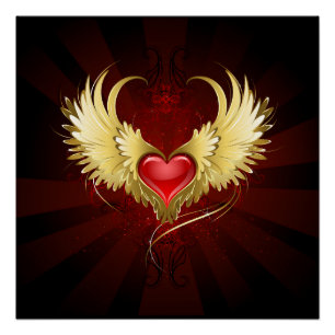 Rotes Herz mit goldenen Flügeln Poster