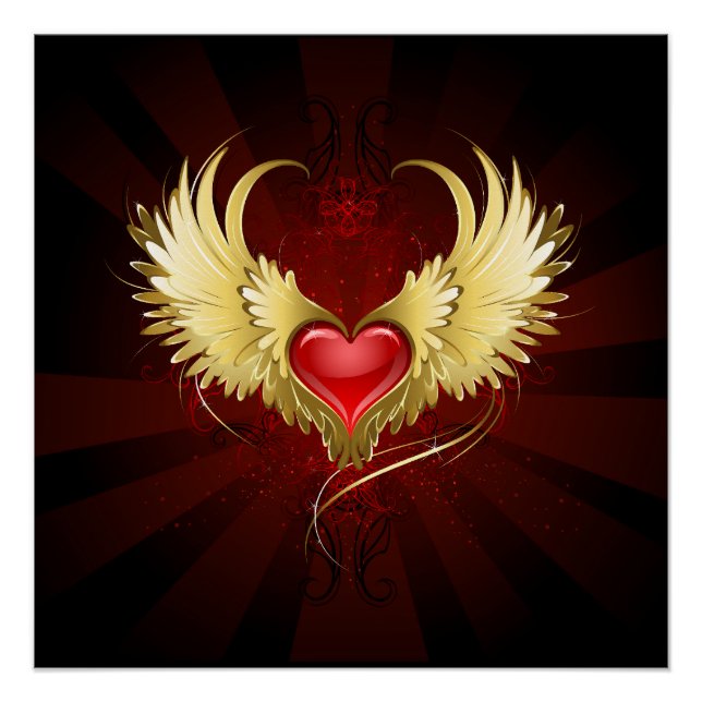 Rotes Herz mit goldenen Flügeln Poster (Vorderseite)