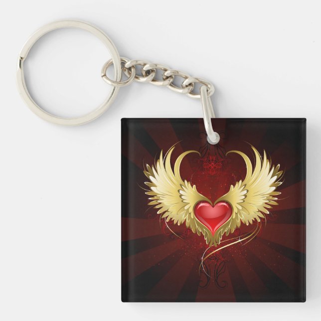 Rotes Herz mit goldenen Flügeln Schlüsselanhänger (Vorderseite)