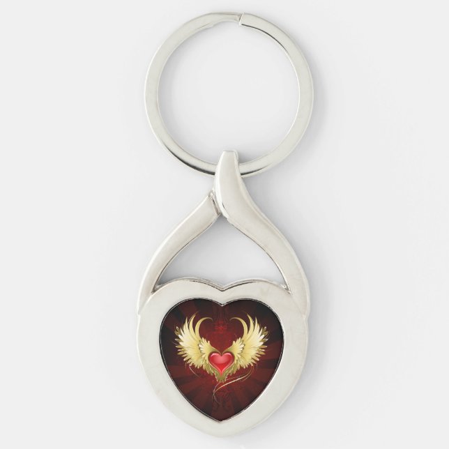 Rotes Herz mit goldenen Flügeln Schlüsselanhänger (Vorderseite)