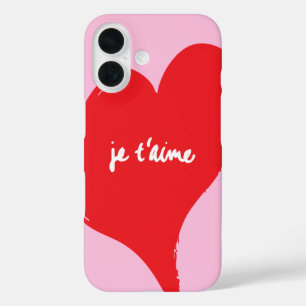 Rotes Herz mit je t’aime-Text auf rosa Hintergrund iPhone 16 Hülle