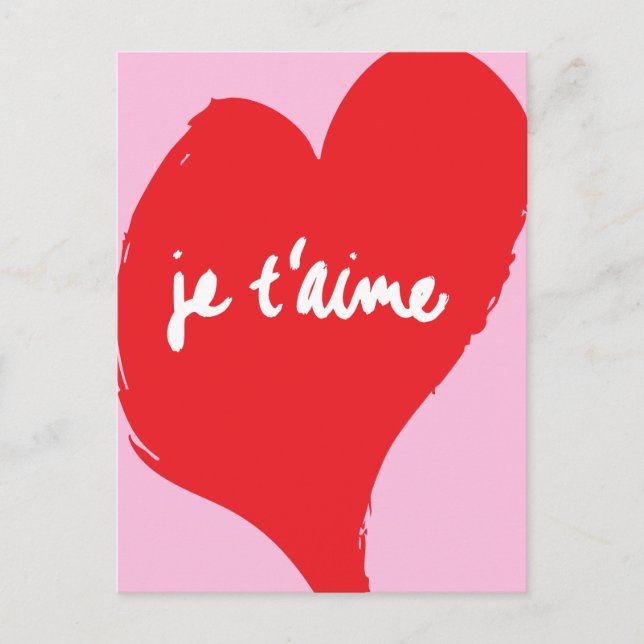 Rotes Herz mit je t’aime-Text auf rosa Hintergrund Postkarte (Vorderseite)