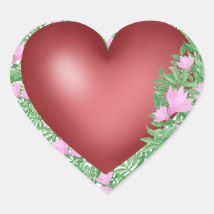 Rotes Herz mit rosa Blume Herz-Aufkleber