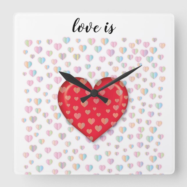 rotes Herz mit Speckmustern Quadratische Wanduhr (Vorderseite)
