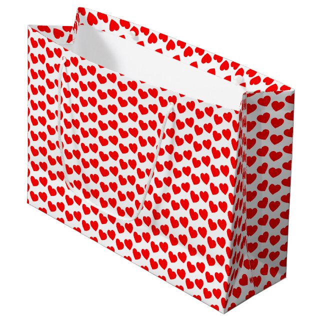 Rotes Herz-Muster auf weißer großer Große Geschenktüte (Vorderseite Schrägansicht)