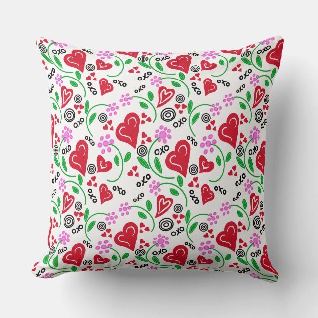 Rotes Herz Rosa Blume Kissen Kissen (Vorderseite)