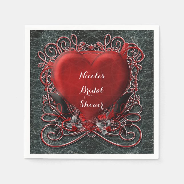 Rotes Herz & Rose Gotische Valentinische Hochzeits Serviette (Vorderseite)