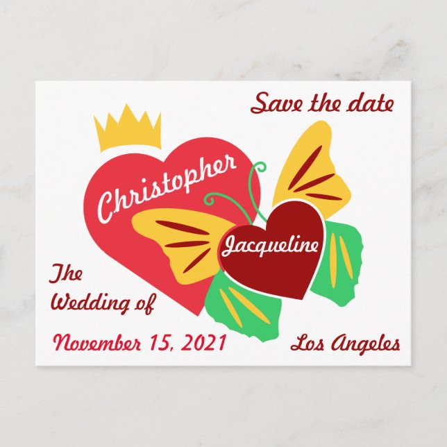 Rotes Herz, Schmetterling Save the Date Postkarte (Vorderseite)
