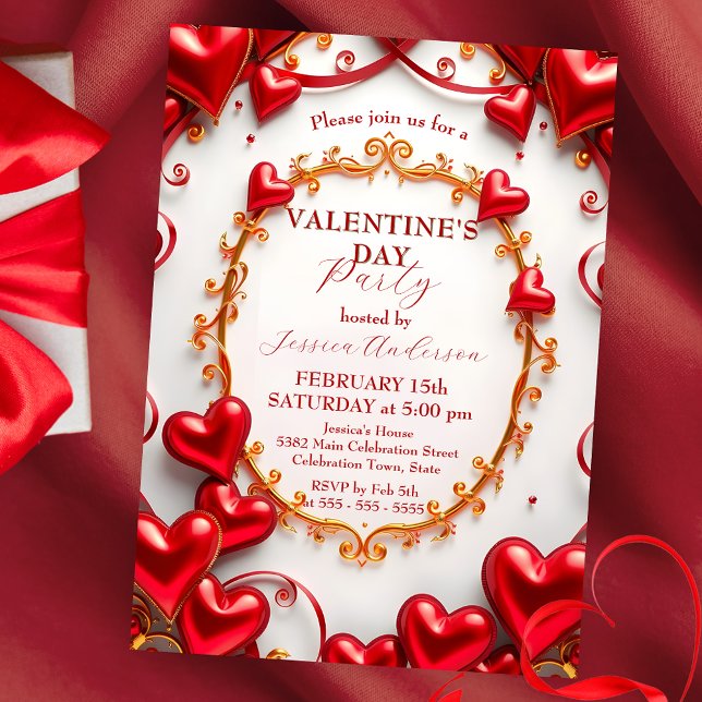 Rotes Herz und Goldene Wirbel Valentinstag Party Einladung (Von Creator hochgeladen)