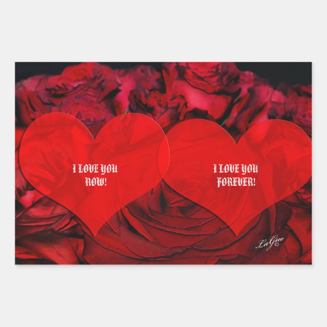 Rotes HERZ und ROSE-Packpapier Geschenkpapier Set (Vorderseite)