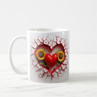 Rotes Herzdesign mit gelben Sonnenblumen und Risse Kaffeetasse