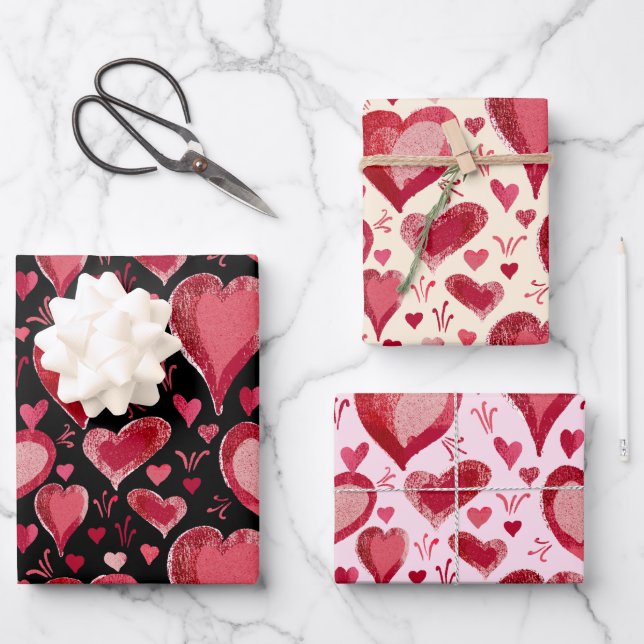 Rotes Herzmuster Zeichnend Valentinstag Geschenkpapier Set (Vorderseite)