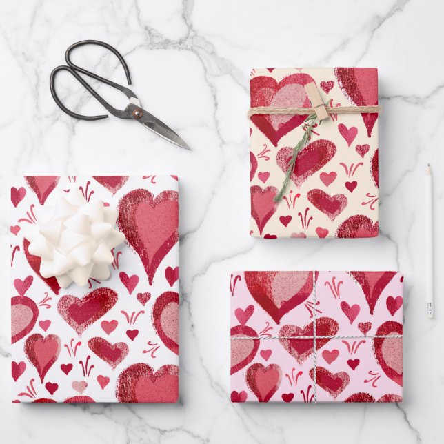 Rotes Herzmuster Zeichnend Valentinstag Geschenkpapier Set (Vorderseite)