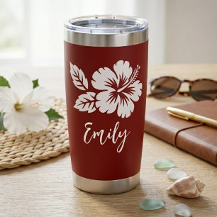 Rotes Hibiskus-Tropisches Schriftname-Design Thermobecher