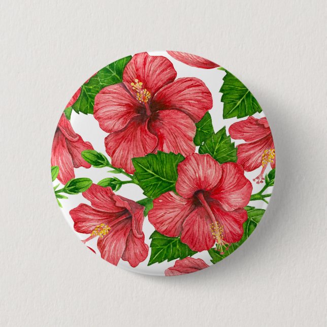 Rotes Hibiskus-Wasserfarbenmuster Button (Vorderseite)