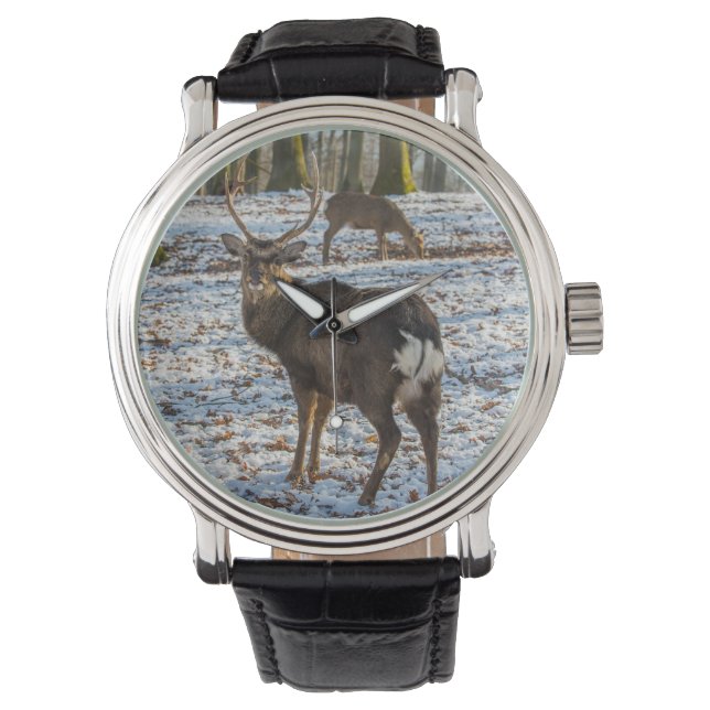 Rotes Hirsch im Schnee Armbanduhr (Vorderseite)