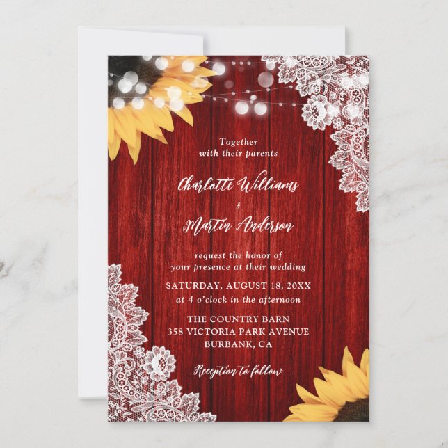 Rotes Holz Spitzen Sonnenblumen Einladung Hochzeit (Vorderseite)