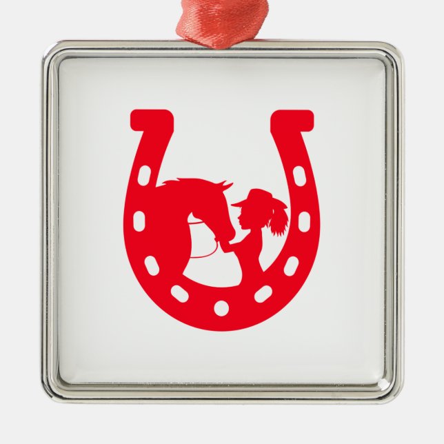 Rotes Horseshoe Mädchen und Pferde Ornament Aus Metall (Vorne)