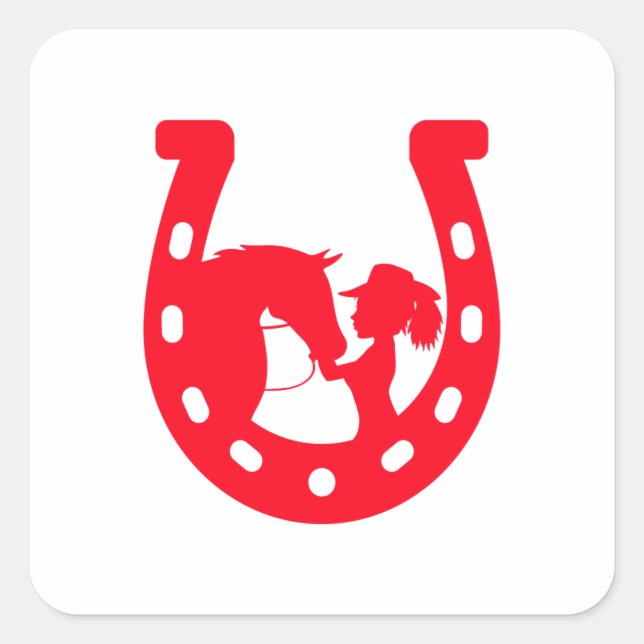 Rotes Horseshoe Mädchen und Pferde Quadratischer Aufkleber (Vorderseite)