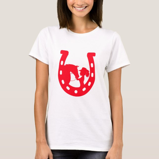 Rotes Horseshoe Mädchen und Pferde T-Shirt (Vorderseite)