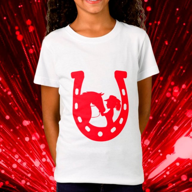 Rotes Horseshoe Mädchen und Pferde T-Shirt (Von Creator hochgeladen)