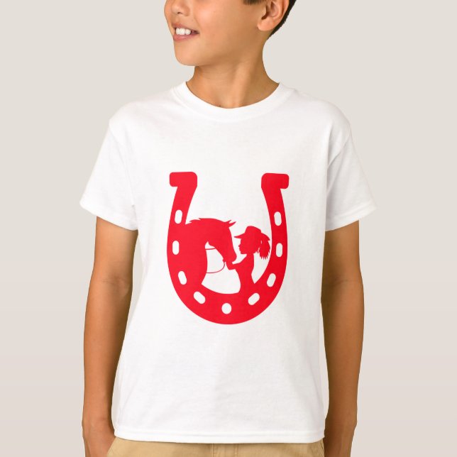 Rotes Horseshoe Mädchen und Pferde T-Shirt (Vorderseite)