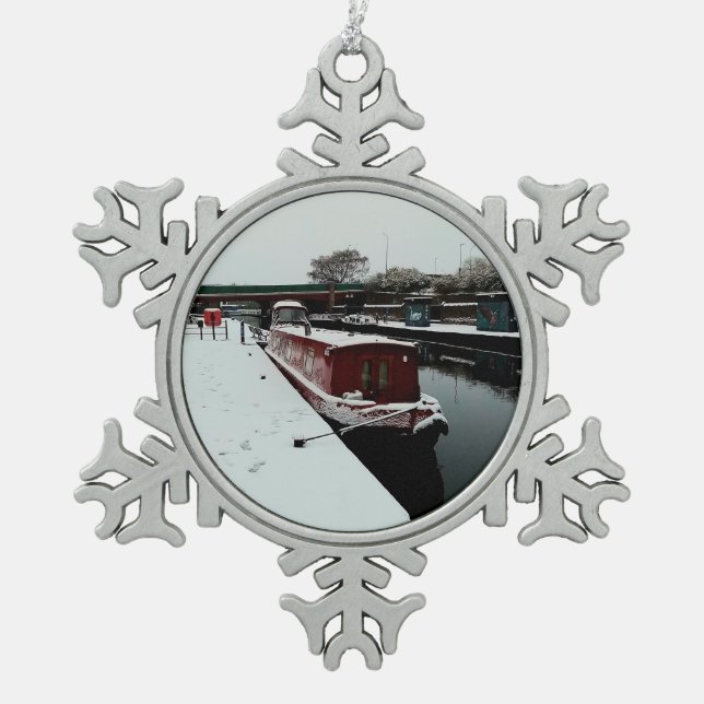 Rotes Kanalboot Schneeflocken Zinn-Ornament (Vorderseite)