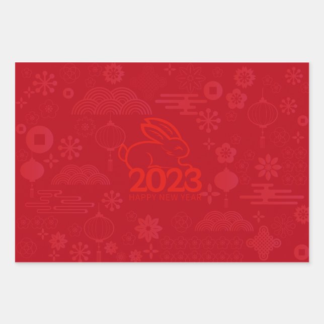 Rotes Kaninchen 2023 Neujahr Geschenkpapier Set (Vorderseite 3)