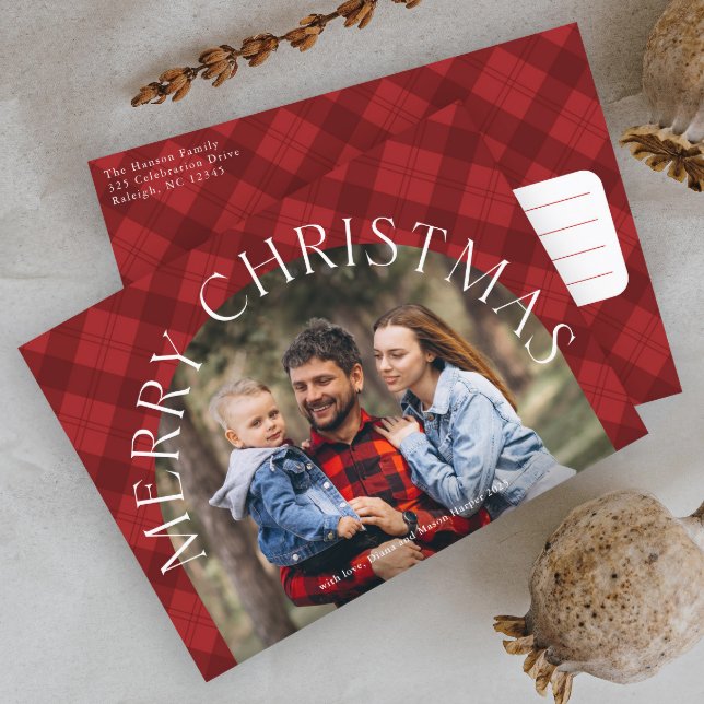 Rotes Kariert Modernes Gewölbe Frohe Weihnachten F (Red Plaid Arch Photo Chrismtas Holiday Postcard.)