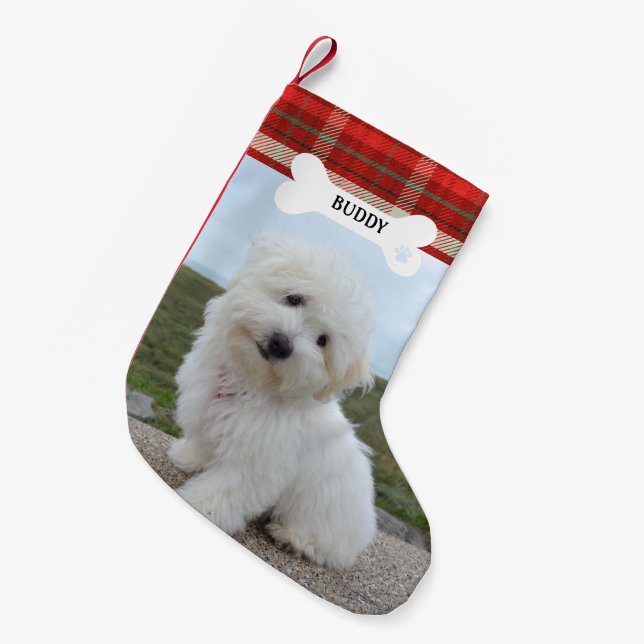 Rotes Kariert Rustikales Dogenknochen Foto Kleiner Weihnachtsstrumpf (Vorderansicht (hängend))