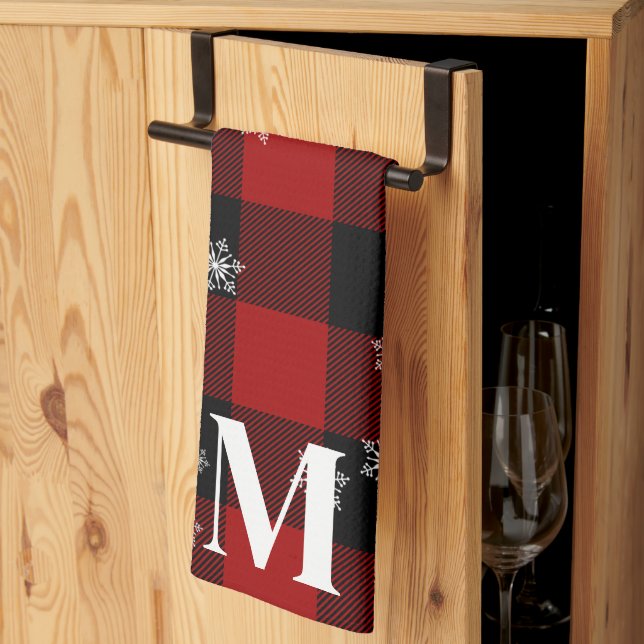 Rotes Kariert & Schneeflocken Monogramm Erstflug W Geschirrtuch (Drittel gefaltet)